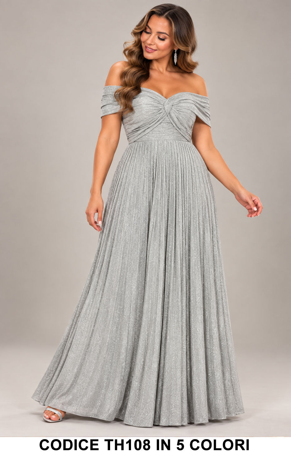 Abito Lungo Curvy Glitterato con Scollo Bardot Vestito Elegante da Cerimonia in 5 Colori – TH108