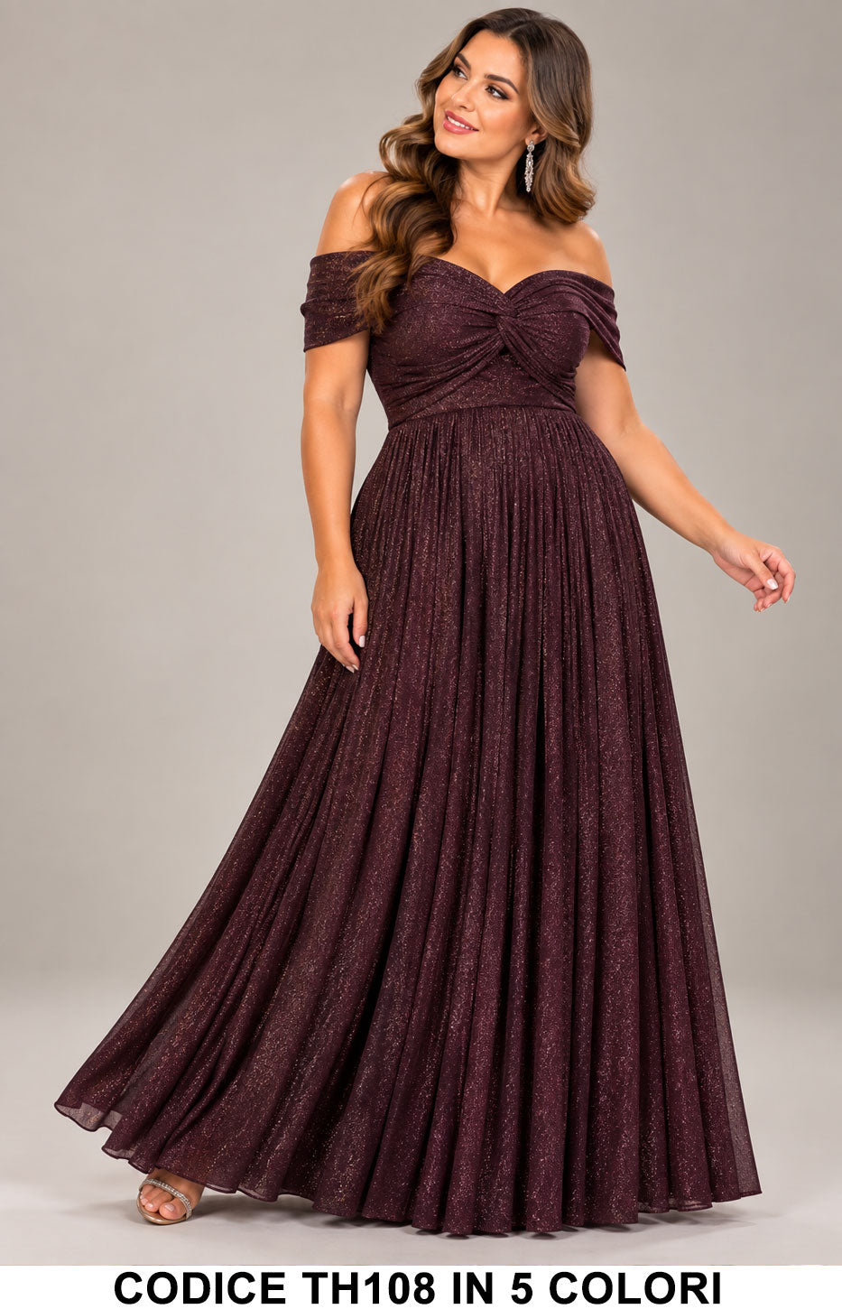 Abito Lungo Curvy Glitterato con Scollo Bardot Vestito Elegante da Cerimonia in 5 Colori – TH108