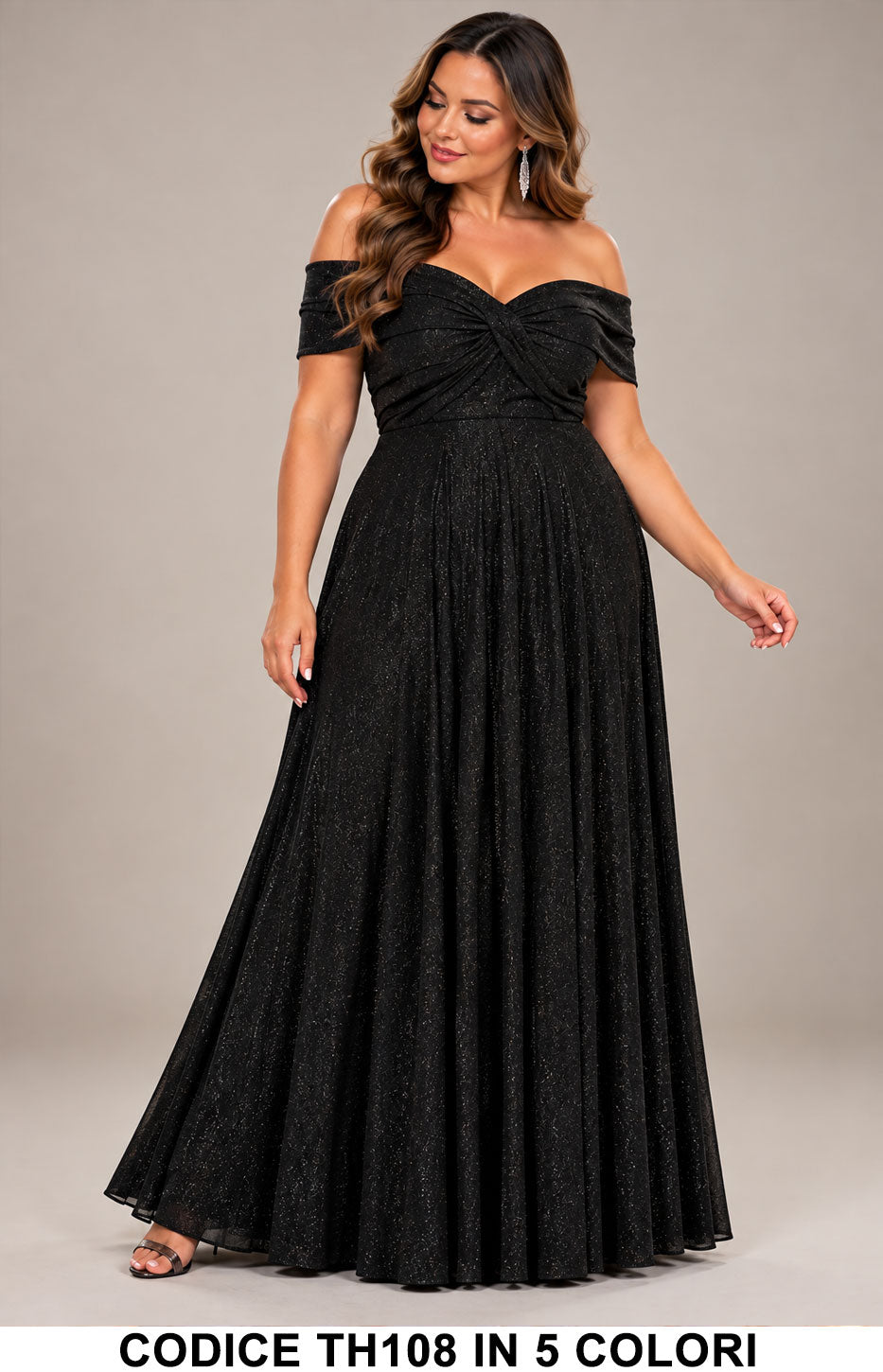 Abito Lungo Curvy Glitterato con Scollo Bardot Vestito Elegante da Cerimonia in 5 Colori – TH108