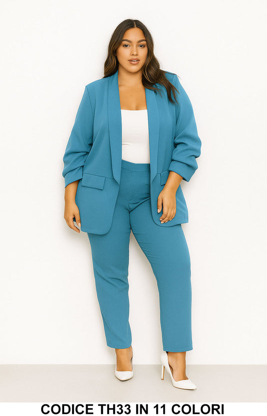Tailleur Donna Curvy Elegante Completo Giacca con Manica Arricciata e Pantalone Taglie Forti in 11 Colori - TH33