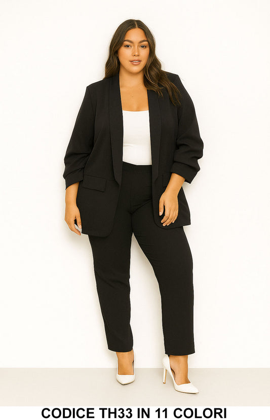 Tailleur Donna Curvy Elegante Completo Giacca con Manica Arricciata e Pantalone Taglie Forti in 11 Colori - TH33