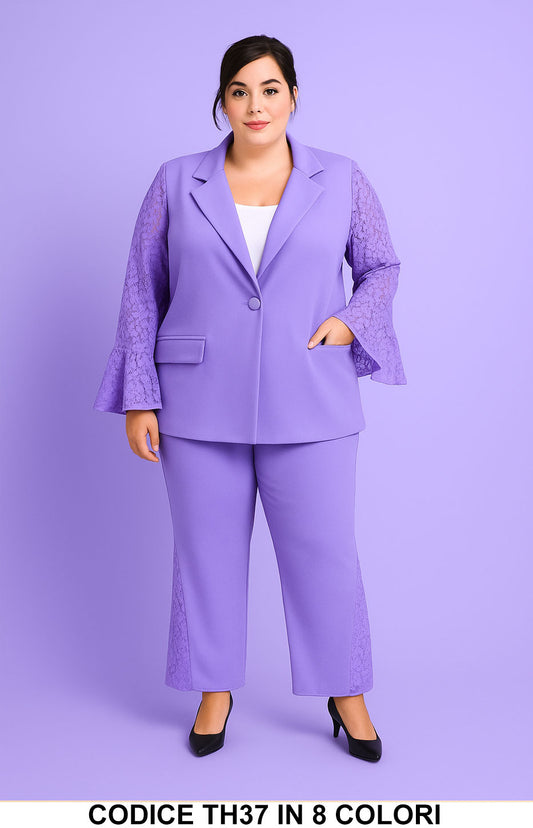 Tailleur Curvy Donna Elegante con Maniche in Pizzo e Pantalone Svasato Completo in 8 Colori – TH37