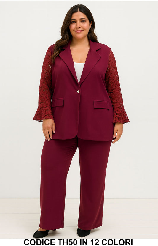 Tailleur curvy con giacca maniche in pizzo e pantalone Completo Taglie Forti Elegante in 12 colori – TH50