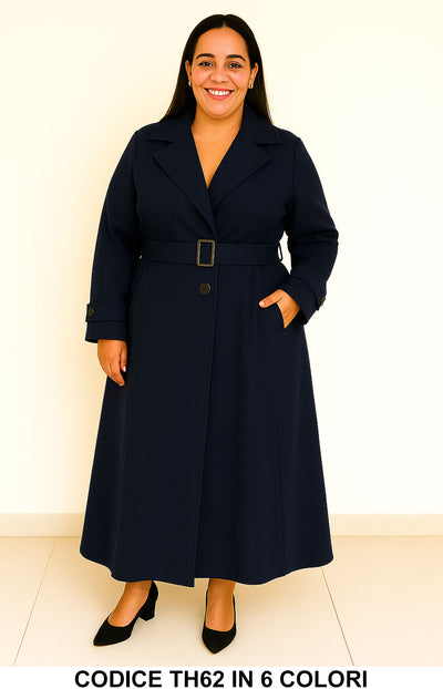 Cappotto lungo con cintura e revers Taglie Forti Curvy in 6 colori – TH62