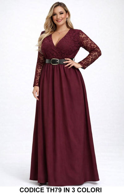 Abito Lungo Curvy in Pizzo con Cintura Vestito Elegante Cerimonia Evento in Bordeaux – TH79