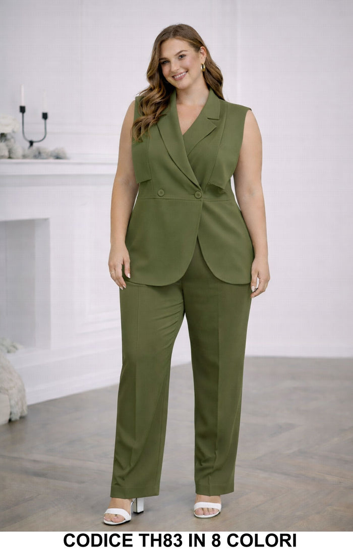 Completo elegante curvy con gilet sartoriale e pantalone Coordinato Tailleur Taglie Forti in Verde – TH83