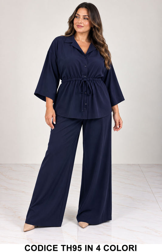 Completo Curvy Camicia con Coulisse e Pantalone Palazzo Coordinato Taglie Forti Elegante in 4 Colori – TH95