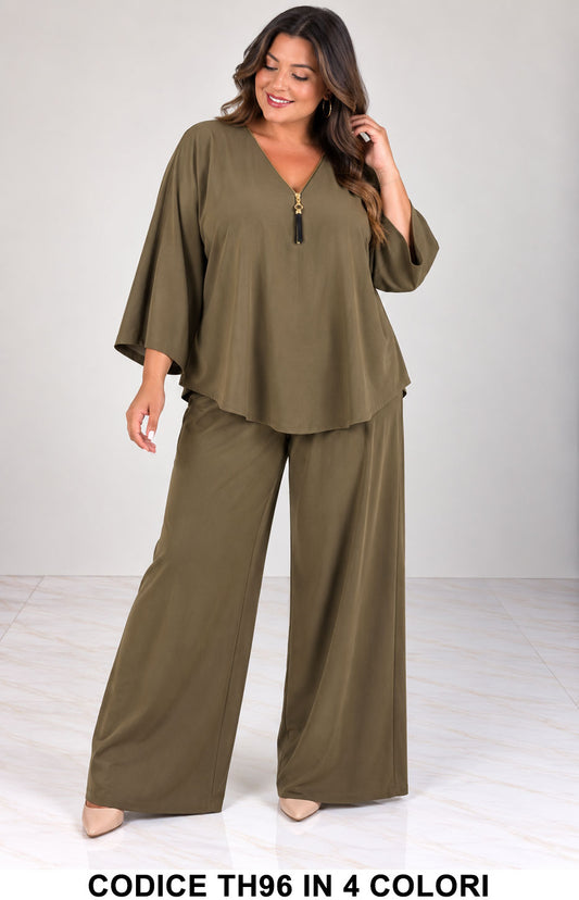Completo Curvy Casacca con Zip e Pantalone Palazzo Coordinato Taglie Forti in 4 Colori – TH96
