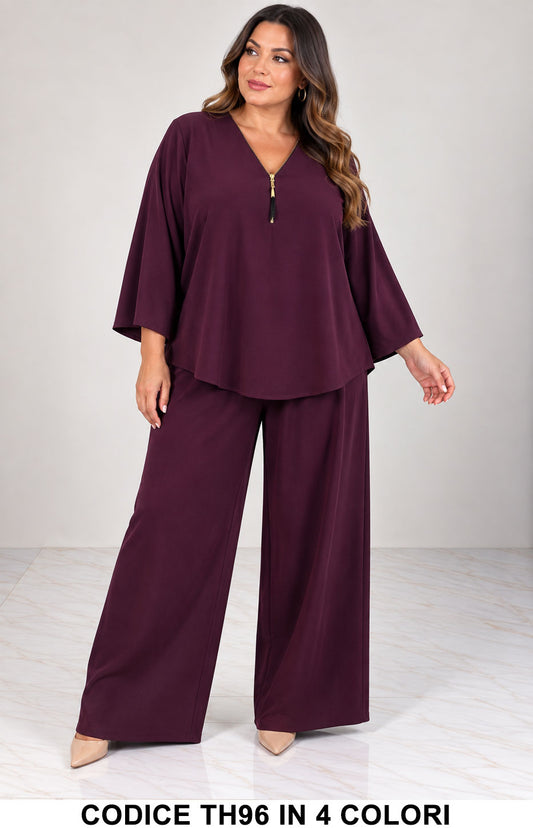 Completo Curvy Casacca con Zip e Pantalone Palazzo Coordinato Taglie Forti in 4 Colori – TH96