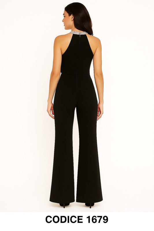 Tuta elegante Jumpsuit Cerimonia Spalle Scoperte con rifiniture argento Cocktail Cerimonia - 1679Out