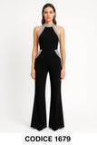 Tuta elegante Jumpsuit Cerimonia Spalle Scoperte con rifiniture argento Cocktail Cerimonia - 1679