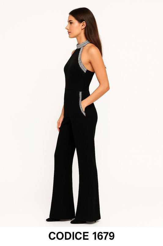 Tuta elegante Jumpsuit Cerimonia Spalle Scoperte con rifiniture argento Cocktail Cerimonia - 1679 - Abbigliamento donna elegante su I Love Dress