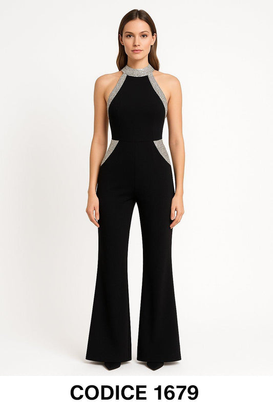Tuta elegante Jumpsuit Cerimonia Spalle Scoperte con rifiniture argento Cocktail Cerimonia - 1679 - Abbigliamento donna elegante su I Love Dress