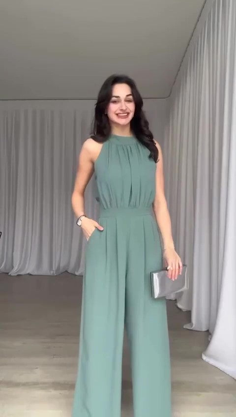Tuta Elegante Party Cerimonia Scollo Americana Pantalone Palazzo Jumpsuit Casual in 4 Colori - 6574 - Abbigliamento donna elegante su I Love Dress