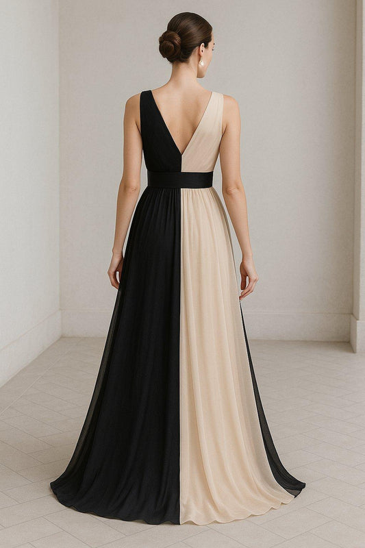 Vestito lungo in chiffon bicolore scollato sulla schiena Abito Elegante Cerimonia Beige e Nero - 2885 - Abbigliamento donna elegante su I Love Dress