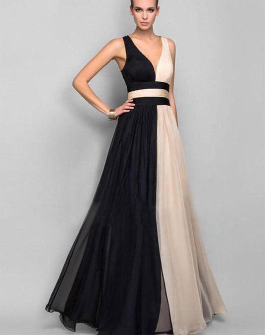 Vestito lungo in chiffon bicolore scollato sulla schiena Abito Elegante Cerimonia Beige e Nero - 2885 - Abbigliamento donna elegante su I Love Dress