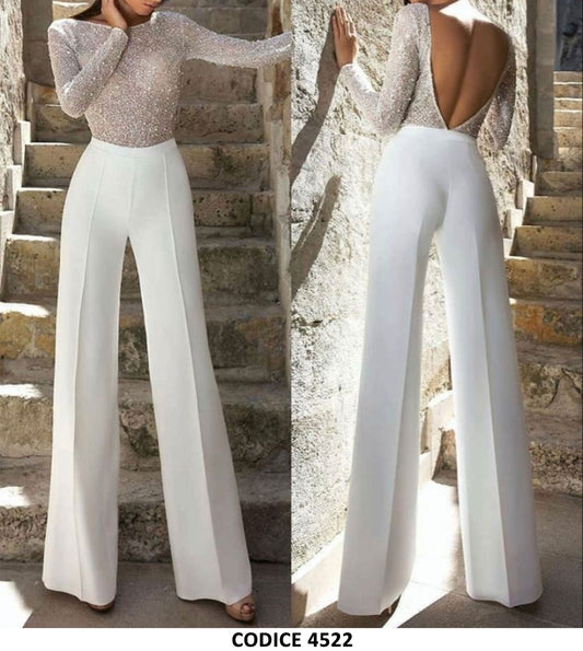 Tuta intera Bianca Corpetto in Paillettes Pantalone Palazzo Jumpsuit Elegante Schiena Scoperta - 4522
