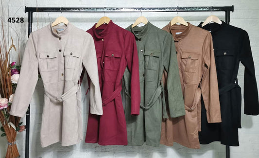 Abito Vestito Corto in Camoscio morbido Tasche e Bottoni in 3 Colori - 4528