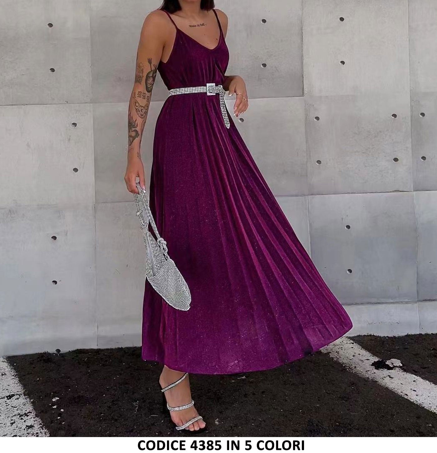 Abito Lungo Elegante plissettato smanicato in Bordeaux Vestito con Cintura Cerimonia - 4385Out