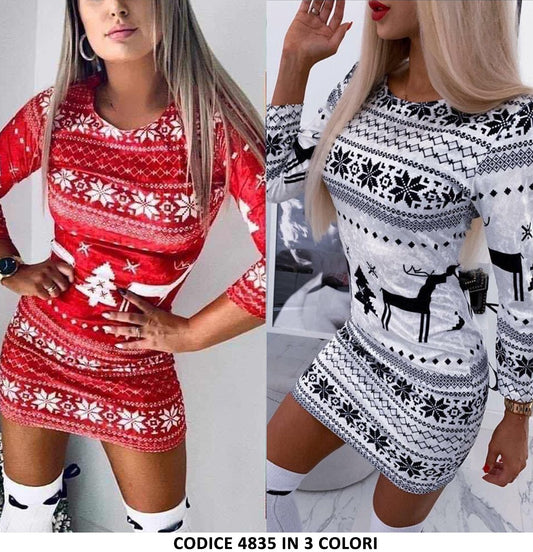 Vestito Natale Christmas in Maglia Stampa Alberi Fiocchi di neve Renne in Rosso - 4835