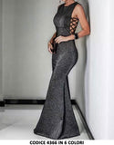 Abito Lungo da Cerimonia Satinato Brillantinato Elegante Vestito Chic in Rosa Gold - 4366Out