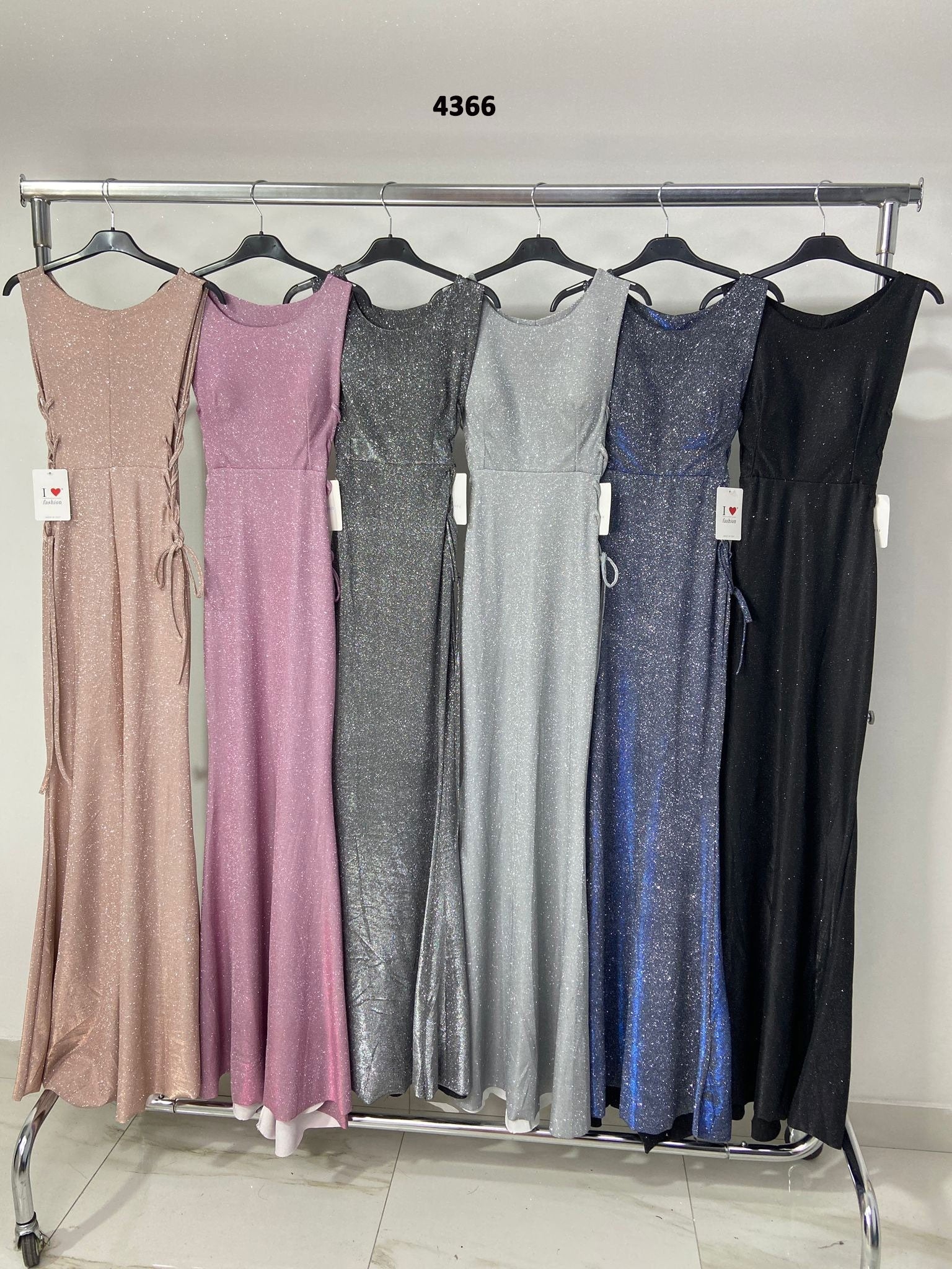 Abito Lungo da Cerimonia Satinato Brillantinato Elegante Vestito Chic in Rosa Gold - 4366Out