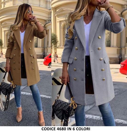 Cappotto Casual Lungo 10 Bottoni Tasche estetiche Collo Doppio Petto in Blu Elettrico - 4680