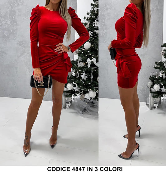 Abito Rosso Corto Vestito Elegante da Cerimonia Gonna Asimmetrica con Rouche - 4847