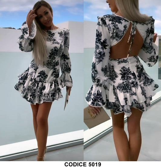 Abito Donna Corto Casual Maniche Lunghe a Fantasia Bianco Nero Volant Schiena Scoperta - 5019