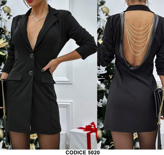 Abito Blazer Corto Casual Maniche Lunghe Scollo Schiena Gioiello Nero Elegante Sensuale - 5020