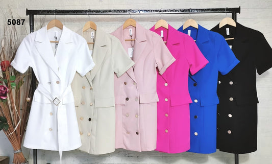 Abito Corto Blazer Elegante Vestito Doppio Petto Bottoni Dorati Cintura Fibbia in Fucsia - 5087Out