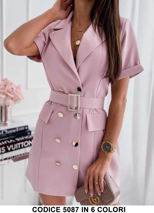 Abito Corto Blazer Elegante Vestito Doppio Petto Bottoni Dorati Cintura Fibbia in Fucsia - 5087Out