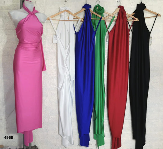 Abito Lungo Elegante Vestito Serata con incrocio al collo Sensuali con rouche in Rosso - 4960Out