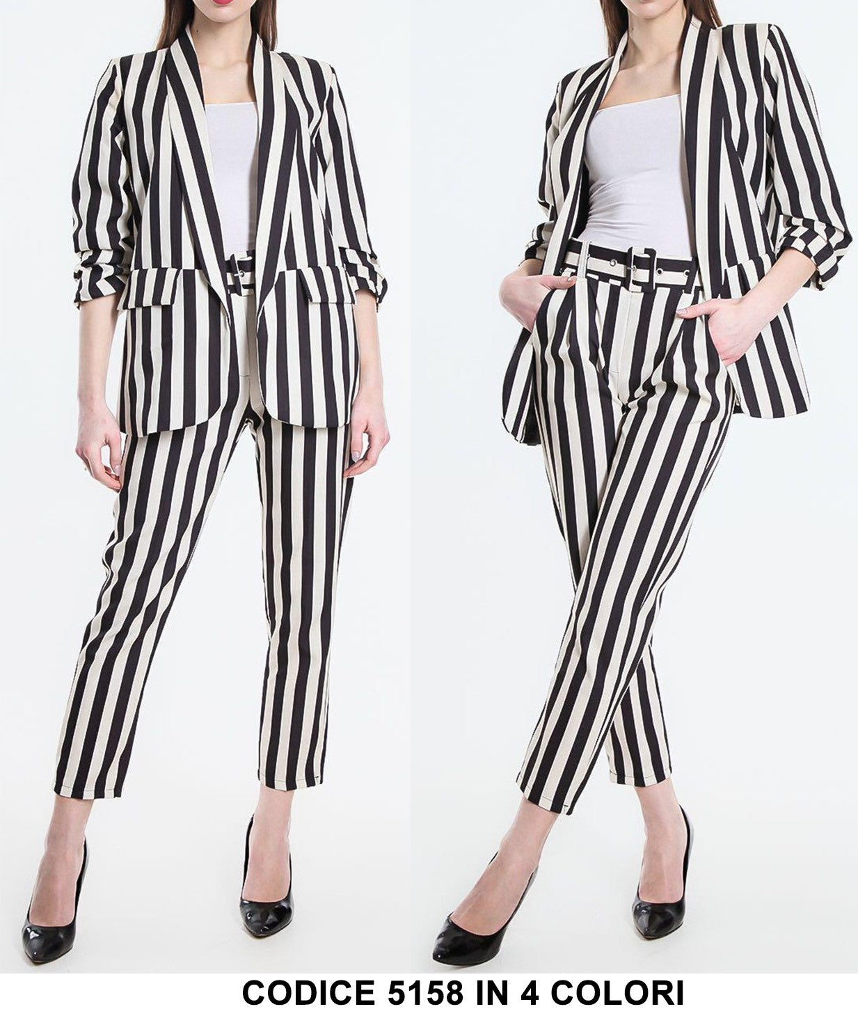 Tailleur Donna Casual Giacca Pantalone Skinny Cintura Fantasia Righe Bicolore in 4 Colori - 5158