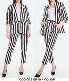 Tailleur Donna Casual Giacca Pantalone Skinny Cintura Fantasia Righe Bicolore in 4 Colori - 5158