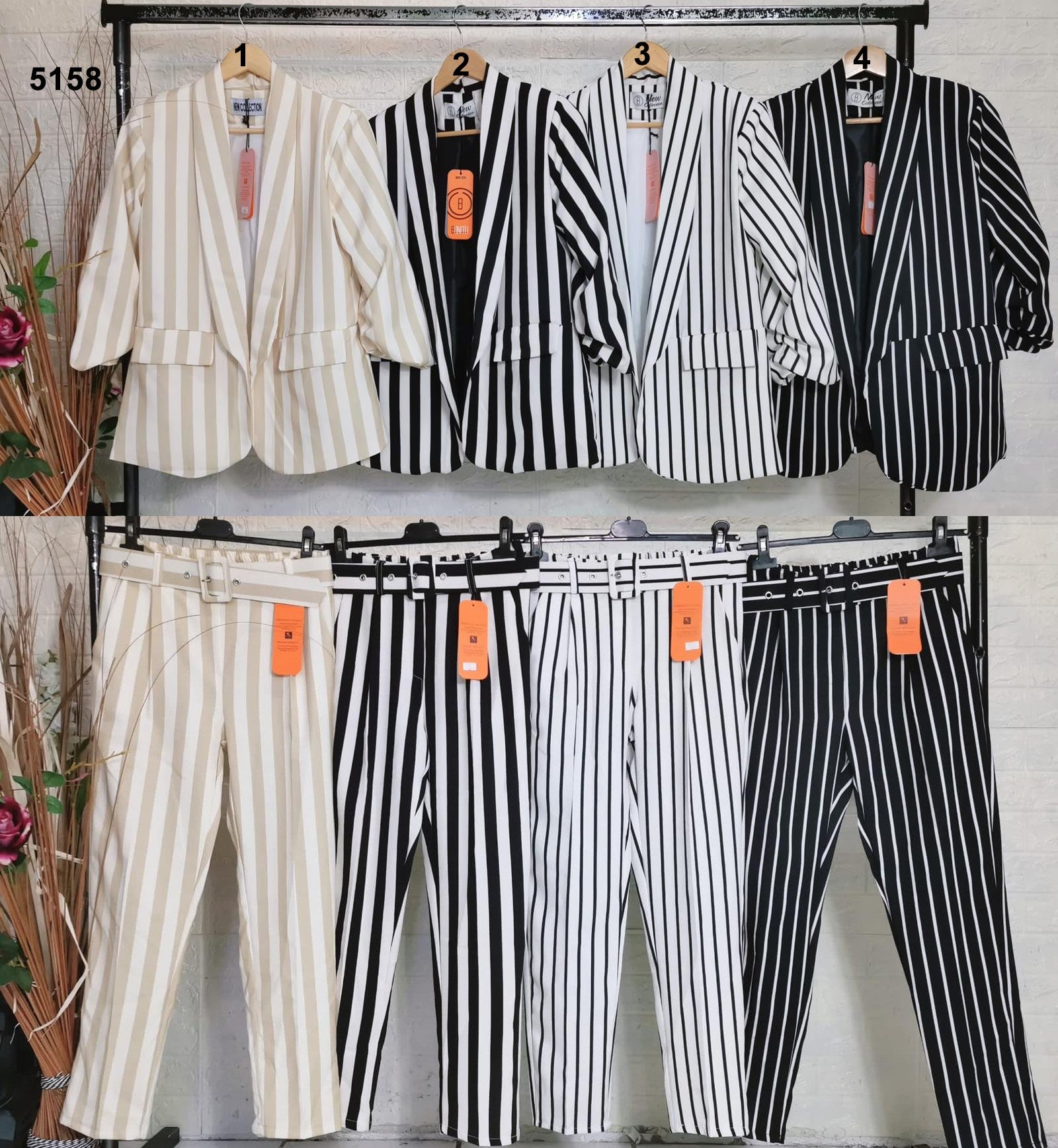 Tailleur Donna Casual Giacca Pantalone Skinny Cintura Fantasia Righe Bicolore in 4 Colori - 5158