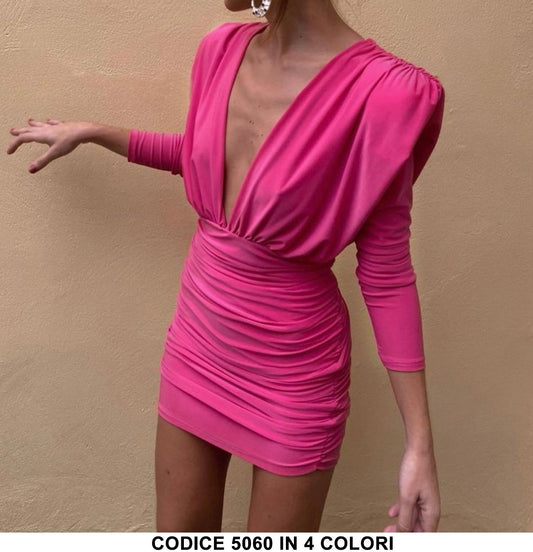 Abito Corto Aderente Vestito Midi Sensuale Spacco Profondo Manica Lunga in Verde - 5060