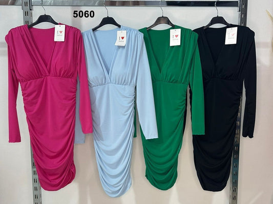 Abito Corto Aderente Vestito Midi Sensuale Spacco Profondo Manica Lunga in Verde - 5060