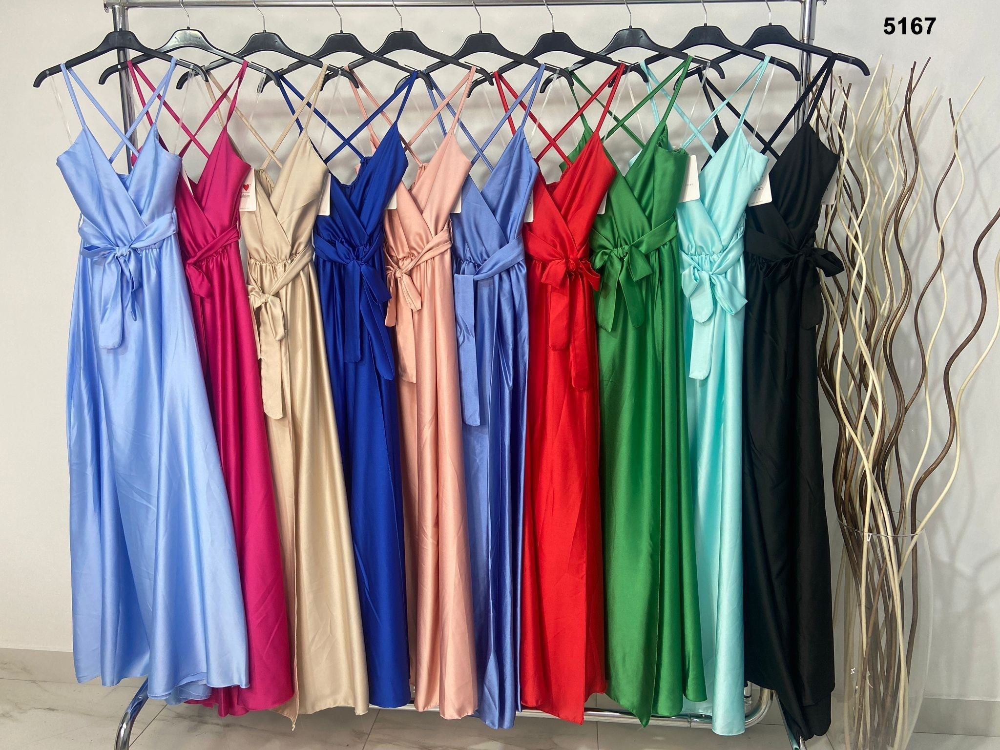 Abito Donna Lungo Damigella Raso Scollo V Bretelle Cintura in Vita Vestito in 10 Colori - 5167