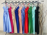 Abito Donna Lungo Damigella Raso Scollo V Bretelle Cintura in Vita Vestito in 10 Colori - 5167