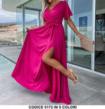 Abito Donna Lungo Elegante Mezza Manica Scollo V con Cintura Vestito Casual in 5 Colori - 5172