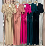 Abito Donna Lungo Elegante Mezza Manica Scollo V con Cintura Vestito Casual in 5 Colori - 5172