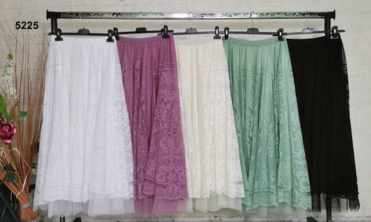Gonna Lunga Pizzo e Velo Decoro Floreale Elegante Casual con Elastico in Vita in 5 Colori - 5225
