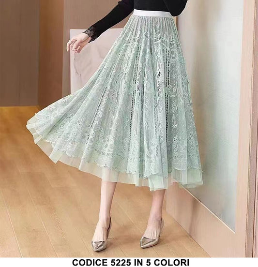 Gonna Lunga Pizzo e Velo Decoro Floreale Elegante Casual con Elastico in Vita in 5 Colori - 5225