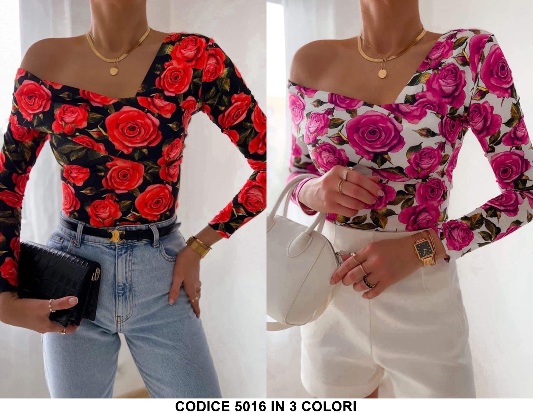 Body Donna Aderente Manica Lunga Fantasia Rose Incrociato Casual Elegante in Lilla - 5016Out