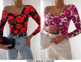 Body Donna Aderente Manica Lunga Fantasia Rose Incrociato Casual Elegante in Lilla - 5016Out