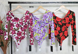 Body Donna Aderente Manica Lunga Fantasia Rose Incrociato Casual Elegante in Lilla - 5016Out