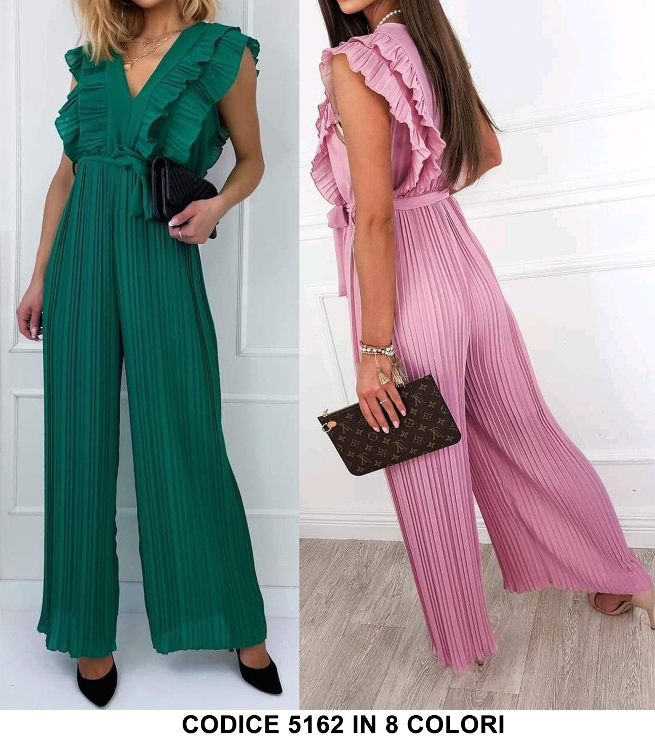 Tuta Jumpsuit Cocktail Donna Scollo V Rush Plissé Cintura Pantalone Palazzo in 2 Colori - 5162Out