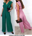 Tuta Jumpsuit Cocktail Donna Scollo V Rush Plissé Cintura Pantalone Palazzo in 2 Colori - 5162Out