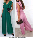 Tuta Jumpsuit Cocktail Donna Scollo V Rush Plissé Cintura Pantalone Palazzo in 2 Colori - 5162Out